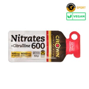Imagen de Nitrates 600 + Citrulline Shot Gel de Crown Sport Nutrition, un gel energético con 600 mg de nitratos y 6.000 mg de citrulina para mejorar el rendimiento deportivo.
